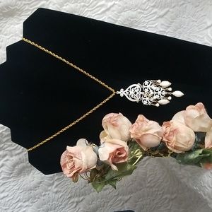 Vintage 60s White Enamel Chandelier Pendant Necklace with Milkglass Drops